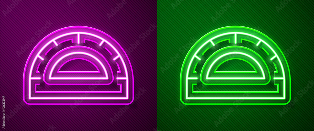 Glowing neon line Protractor grid for measuring degrees icon isolated on purple and green background. Tilt angle meter. Measuring tool. Geometric symbol. Vector Glowing neon line Protractor grid for measuring degrees icon isolated on purple and green background. Tilt angle meter. Measuring tool. Geometric symbol. Vector