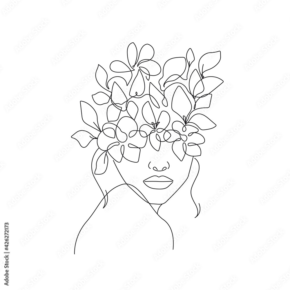 Woman Head with Flowers Line Vector Drawing. Style Template with Female Face with Flowers. Modern Minimalist Simple Linear Style. Beauty Fashion Design