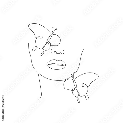 Woman Face with Butterfly Line Art Drawing. Abstract Female Face and Butterflies. Woman Beauty Modern Minimalist Illustration. Beauty Fashion Design
