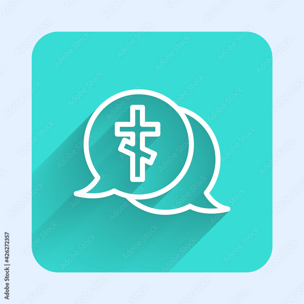 White line Grave with cross icon isolated with long shadow. Green square button. Vector White line Grave with cross icon isolated with long shadow. Green square button. Vector