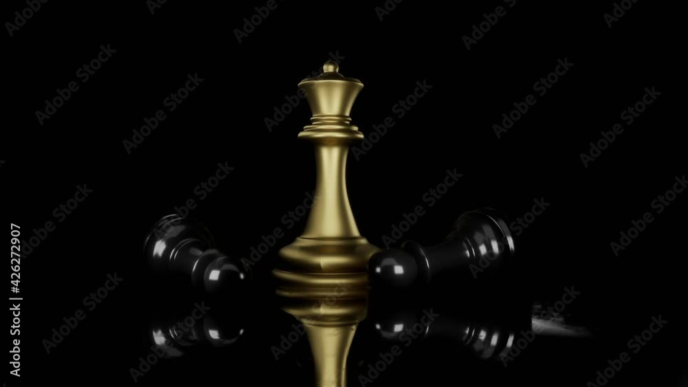 3d render Gold queen chess, standing against black background 3d render Gold queen chess, standing against black background