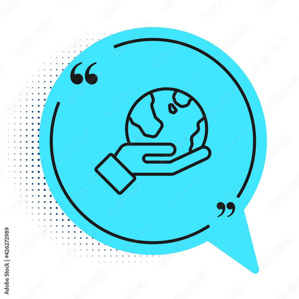 Black line Human hand holding Earth globe icon isolated on white background. Save earth concept. Blue speech bubble symbol. Vector Black line Human hand holding Earth globe icon isolated on white background. Save earth concept. Blue speech bubble symbol. Vector