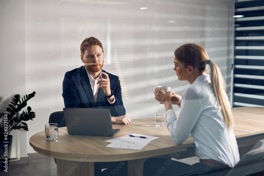 © Drazen - Businessman talking to female coworker while using laptop during a meeting in the office. © Drazen - Businessman talking to female coworker while using laptop during a meeting in the office.