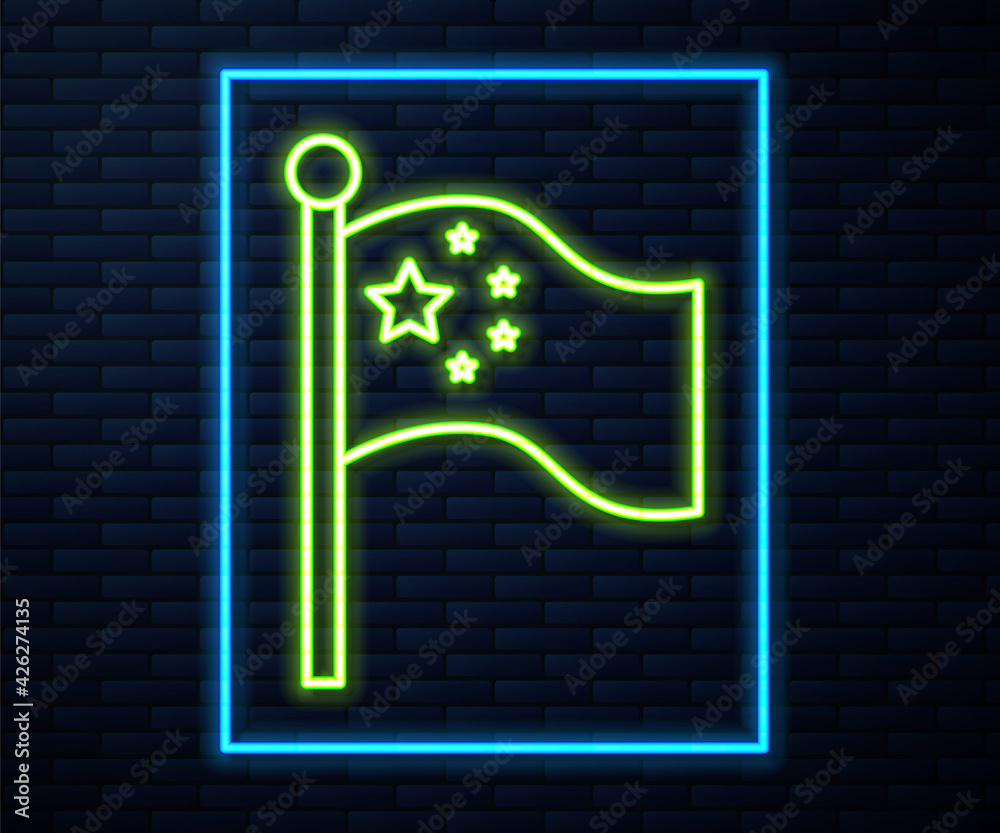 Glowing neon line China flag on flagpole icon isolated on brick wall background. Vector