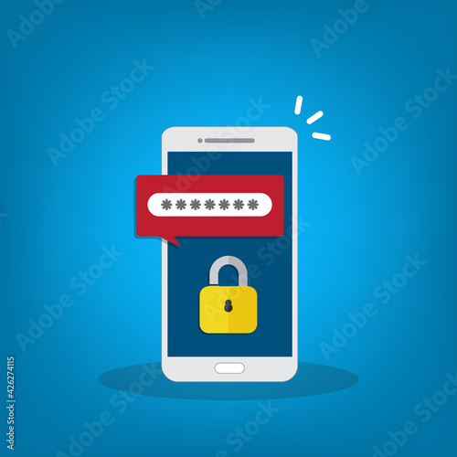 Unlocked, notification and password field on a mobile phone. Smartphone security concept.