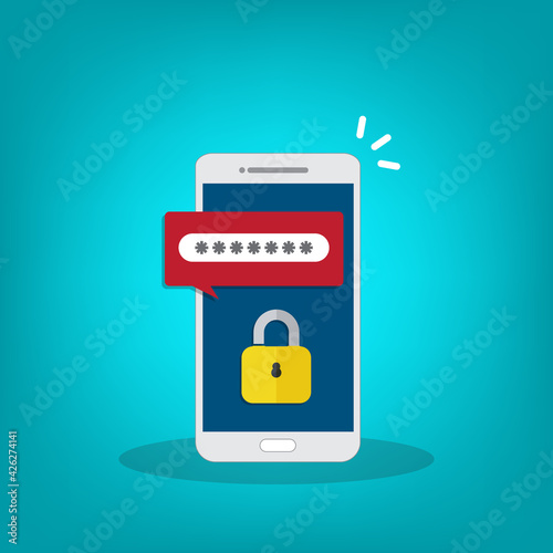 Unlocked, notification and password field on a mobile phone. Smartphone security concept.