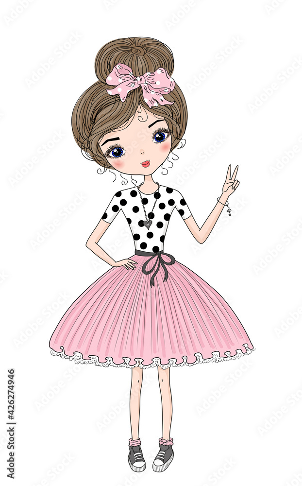 Hand drawn cute fashion cartoon girl. little Princess girl Hand drawn cute fashion cartoon girl. little Princess girl