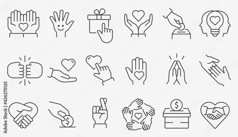 Charity line icon set. Collection of donate, volunteer, help, hope and more. Editable stroke. Charity line icon set. Collection of donate, volunteer, help, hope and more. Editable stroke.