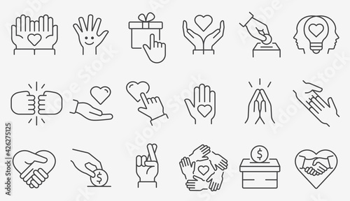 Charity line icon set. Collection of donate, volunteer, help, hope and more. Editable stroke.