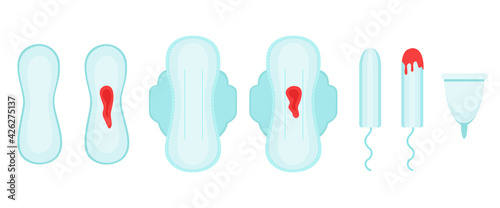 Periods. Menstruation. Modern flat vector cartoon set with tampons, pads and menstrual cup. Women's hygiene