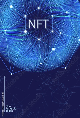 NFT non-fungible token concept on polygonal abstract background. Plexus connect lines with polygonal shapes on dark blue backdrop and white non fungible token sign. Vector card illustration.