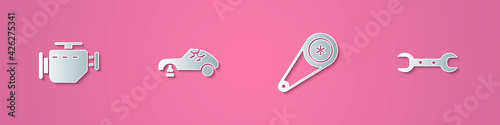 Set paper cut Check engine, Broken car, Timing belt kit and Wrench spanner icon. Paper art style. Vector