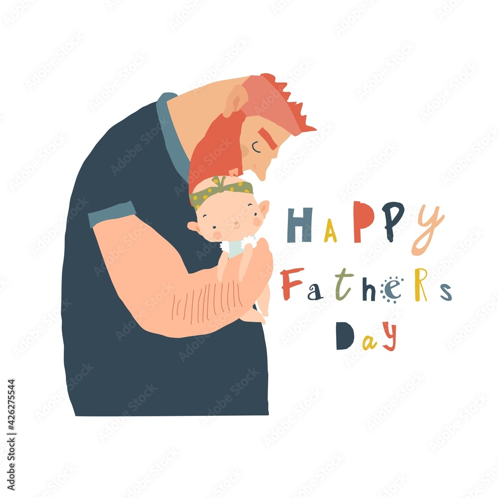 Happy Fathers day card. Father kissing his baby Happy Fathers day card. Father kissing his baby