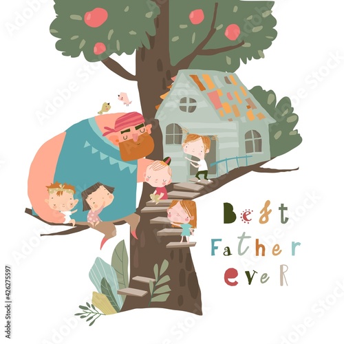 Happy father playing with children on treehouse