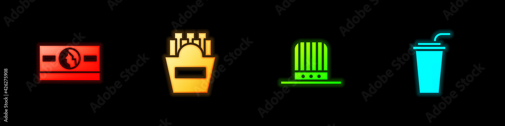 Set Stacks paper money cash, Potatoes french fries in box, Patriotic American top hat and Paper glass with straw icon. Vector
