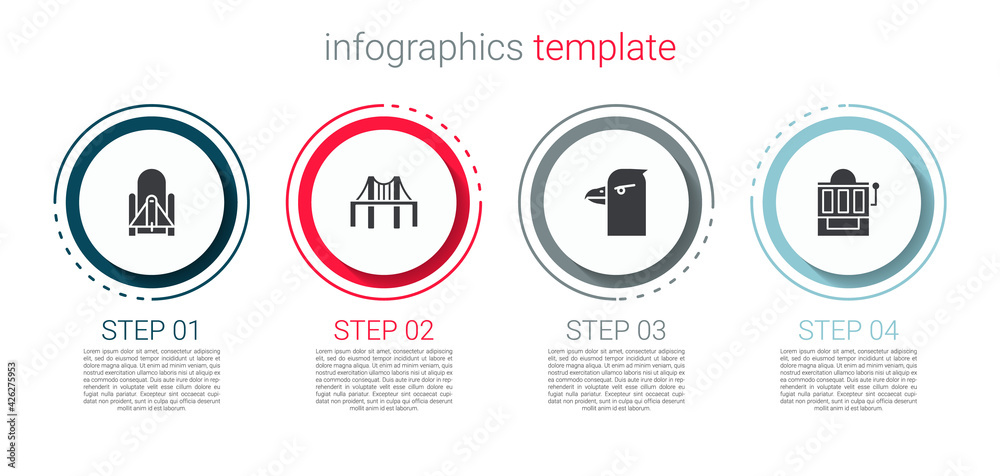 Set Rocket launch from the spaceport, Golden gate bridge, Eagle head and Slot machine. Business infographic template. Vector