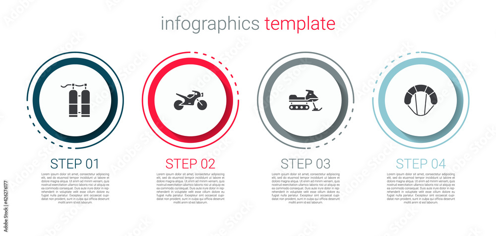 Set Aqualung, Motorcycle, Snowmobile and Parachute. Business infographic template. Vector