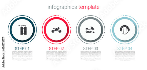 Set Aqualung, Motorcycle, Snowmobile and Parachute. Business infographic template. Vector