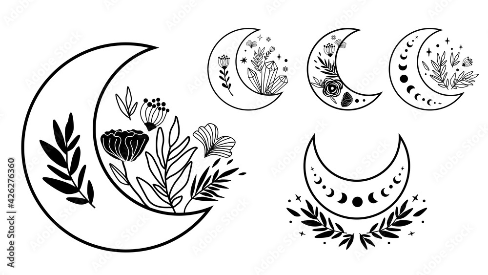 Floral moon clipart. Moon phase flowers set. Black moon elements. Celestial crescent flowers Hand drawing Floral moon clipart. Moon phase flowers set. Black moon elements. Celestial crescent flowers Hand drawing