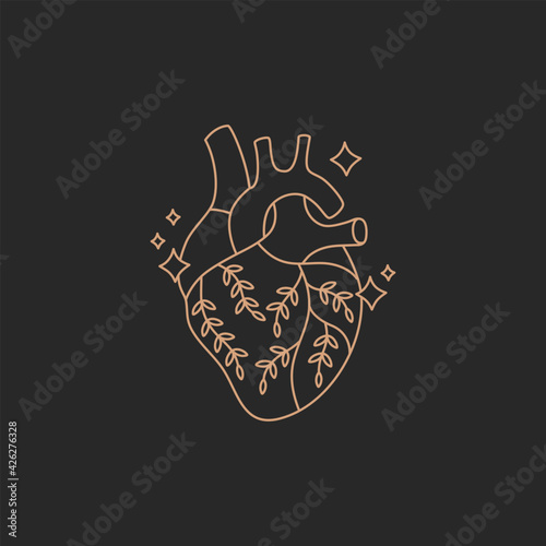 Real anatomical heart with flowers, gold simple contour line in boho style on black background, modern trendy hand drawn vector magic symbol and mystic design element, doodle flat shape illustration