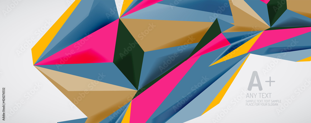 Vector triangle geometric backgrounds. Low poly 3d shape on light backdrop. Vector illustration for covers, banners, flyers and posters and other designs Vector triangle geometric backgrounds. Low poly 3d shape on light backdrop. Vector illustration for covers, banners, flyers and posters and other designs
