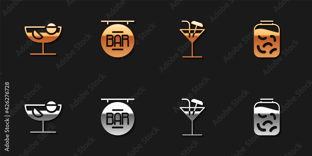 Set Cocktail, Street signboard with Bar, and Pickled cucumbers in jar icon. Vector Set Cocktail, Street signboard with Bar, and Pickled cucumbers in jar icon. Vector