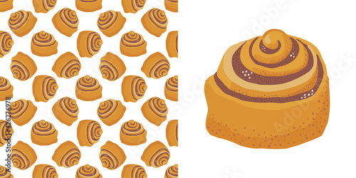 Cinnamon bun cartoon style vector illustration. Doodle clip art element for cafe menu or chalkboard.