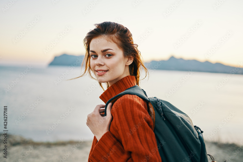 happy woman travel tourism backpack ocean mountains sea happy woman travel tourism backpack ocean mountains sea