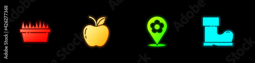 Set Fresh grass in a rectangular, Apple, Location with flower and Waterproof rubber boot icon. Vector