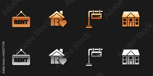 Set Hanging sign with Rent, House heart shape, and icon. Vector