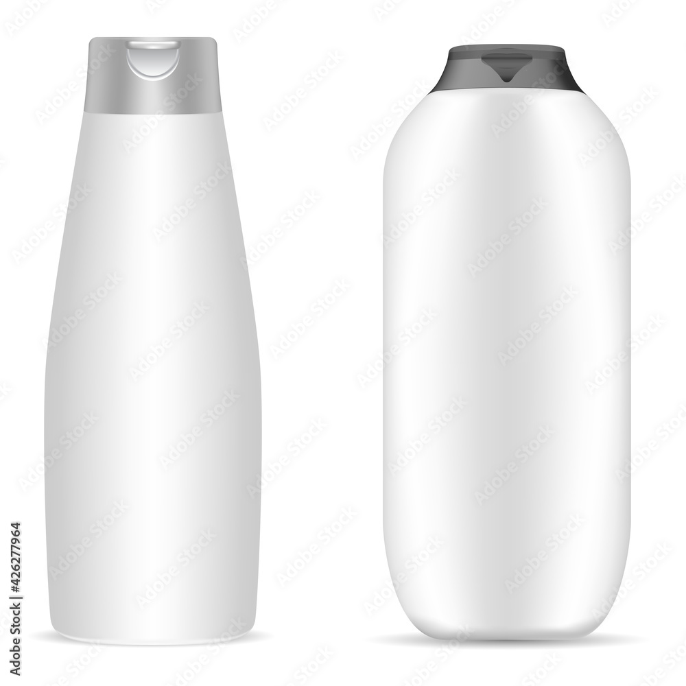 White shampoo bottle. Cosmetic product mockup, hair or shower cream packaging, isolated 3d vector blank. Collection of realistic bathroom bottle template, oval tube design set. Women beauty White shampoo bottle. Cosmetic product mockup, hair or shower cream packaging, isolated 3d vector blank. Collection of realistic bathroom bottle template, oval tube design set. Women beauty