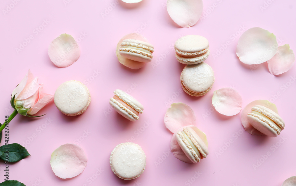 Pink Macarons and rose petals flat lay on the pink background - Background concept Pink Macarons and rose petals flat lay on the pink background - Background concept