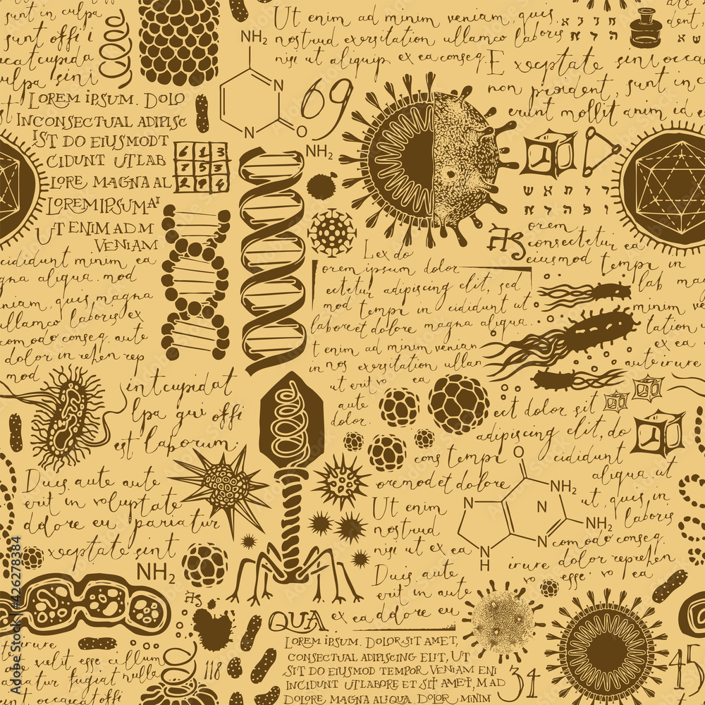 Vector abstract background on the theme of virology, medicine, chemistry, biology. Seamless pattern with hand-drawn sketches and handwritten text lorem ipsum on an old paper backdrop in retro style