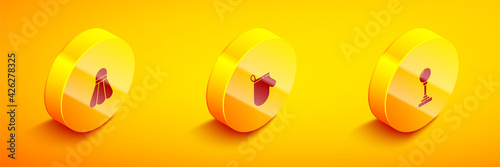 Set Isometric Badminton shuttlecock, Oven glove and Joystick for arcade machine icon. Vector