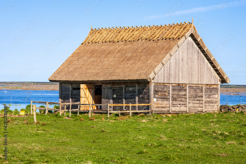 Lakeshore with a wooden barn