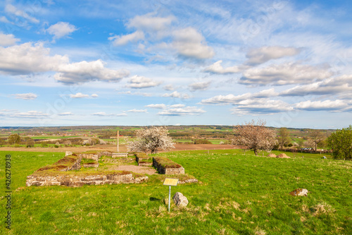 Awesome rural landscape view and a old church ruin in spring