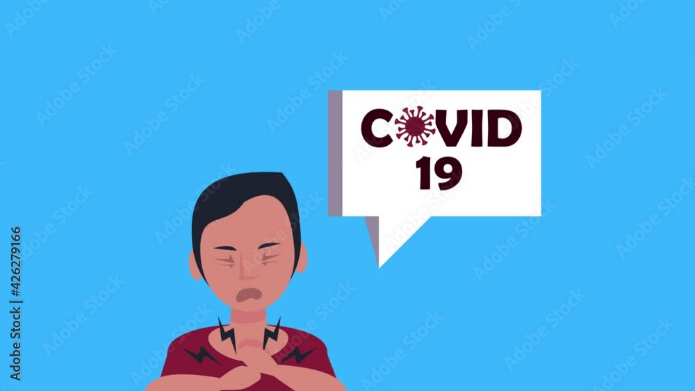 man sick with chest pain and covid19 lettering in speech bubble man sick with chest pain and covid19 lettering in speech bubble