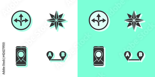 Set Route location, Road traffic sign, City map navigation and Wind rose icon. Vector