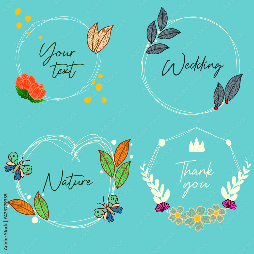 A set of flower labels, Hand-drawn doodles and design elements, Decorative frames, banners