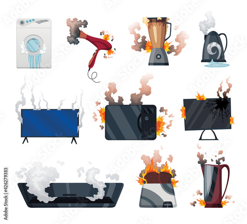Broken home appliances. Damaged electrical household equipment. Domestic icons isolated on white. Burning electronics. Homeappliances or burnt electrical household equipment in fire
