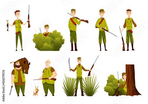 Diferent hunter characters with rifle and trophy. Mens with a gun in camouflage in cartoon style. Humans with weapons on hunting