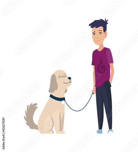 Happy boy with dog with a dog sitting on a leash. Pet owner. Good friend. Flat character vector isolated illustration