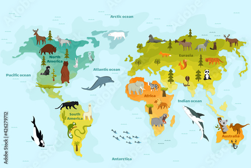 Fototapeta Naklejka Na Ścianę i Meble -  World map with different animal. Funny cartoon banner for children with the continents, oceans and lot of funny animals. Materials for kids preschool education