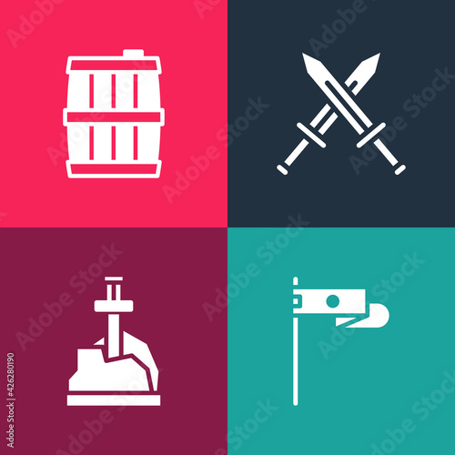 Set pop art Medieval flag, Sword in the stone, Crossed medieval sword and Wooden barrel icon. Vector