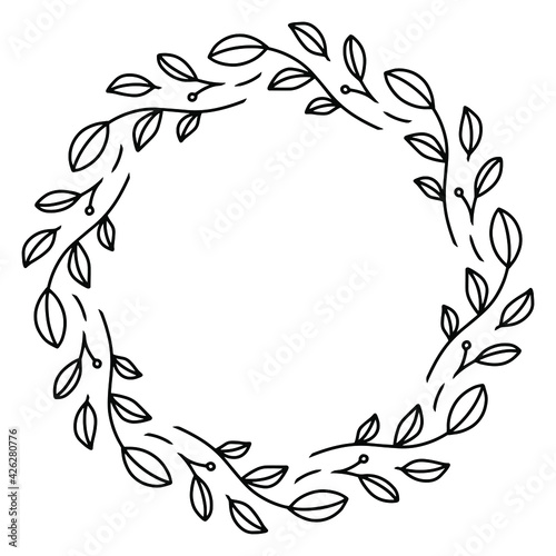 Vector hand drawn spring wreath isolated on white background. Outline circle of leaves. Doodle style. Floral frame.