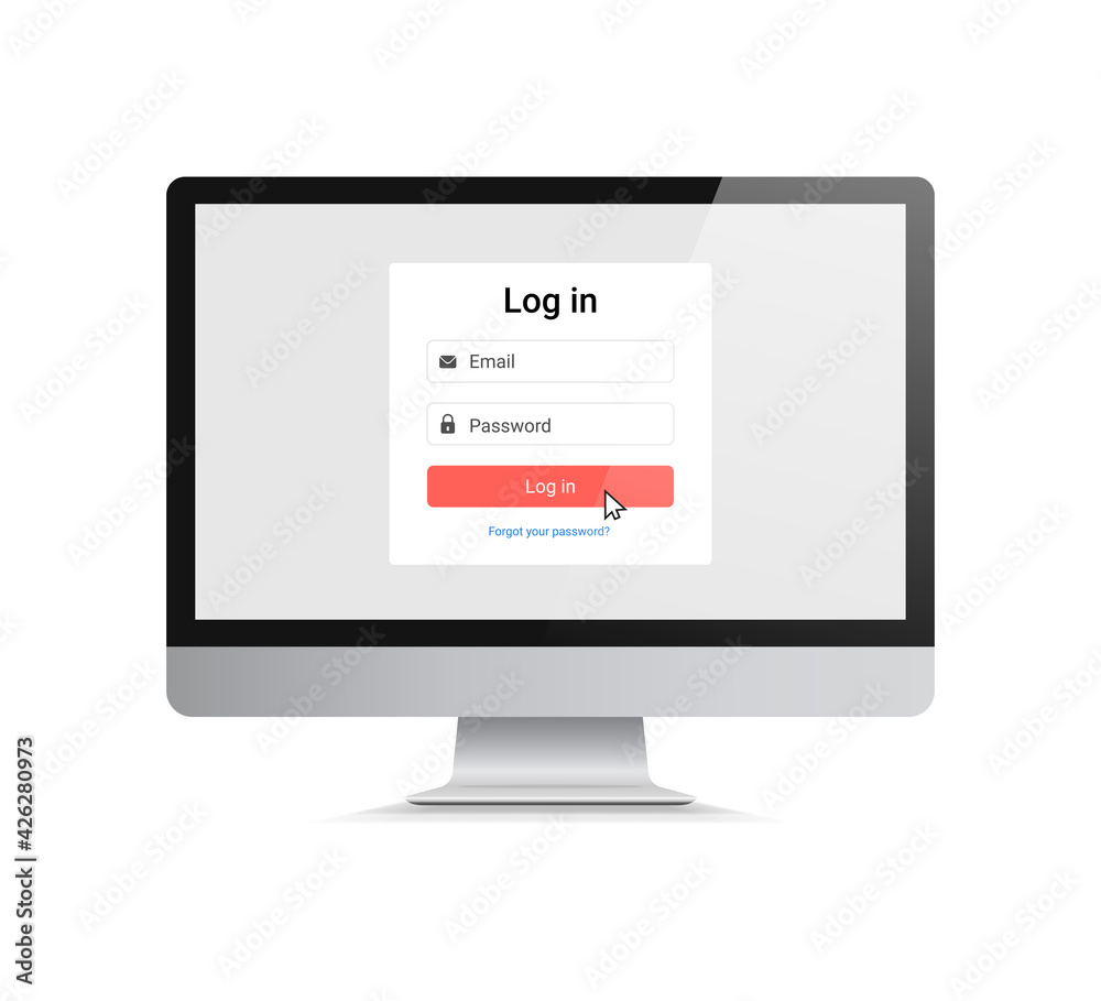 Computer or monitor with log in form interface. For a web page, sign in to account, user authorization, login authentication page. Vector.