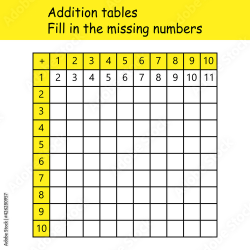 Addition tables. Fill in the missing numbers. Logic game. Poster for kids education. Maths child poster. School vector illustration with colorful cubes on light background