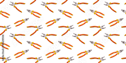 A seamless, repetitive instrumental pattern. Modern, new pliers with bright yellow, red rubber handles on a white background. The concept of repair, home tool.