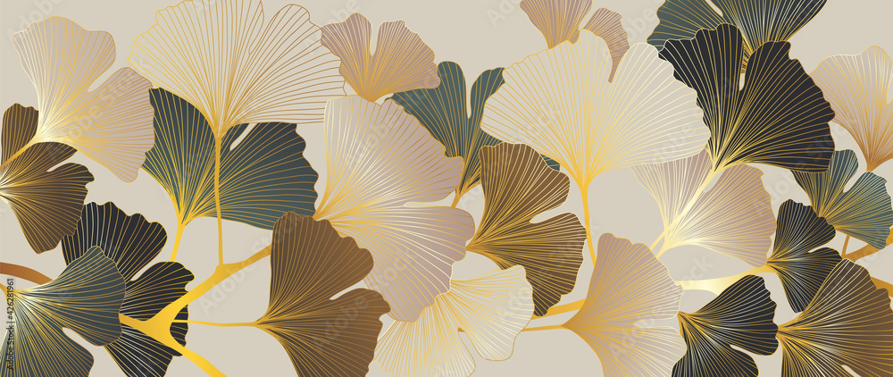 Luxury gold Ginkgo line art background vector. Abstract art design