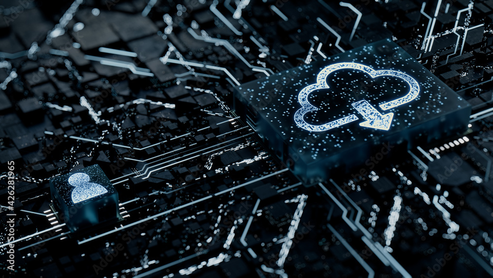 Data storage Technology Concept with cloud download symbol on a Microchip. White Neon Data flows between the CPU and the User across a Futuristic Motherboard. 3D render. Data storage Technology Concept with cloud download symbol on a Microchip. White Neon Data flows between the CPU and the User across a Futuristic Motherboard. 3D render.